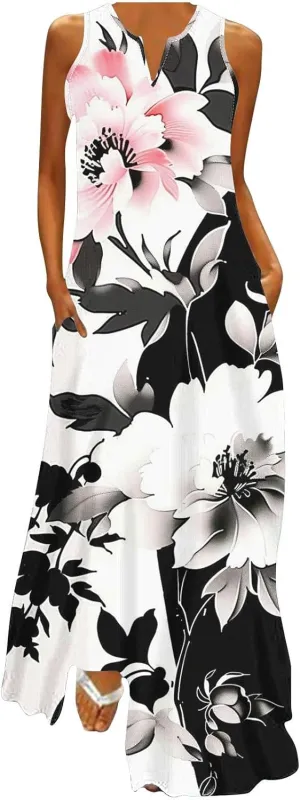 Summer Dresses for Women 2025 Sequined Floral Maxi Dresses Sleeveless V Neck Dress Trendy Beach Vacation Sundresses