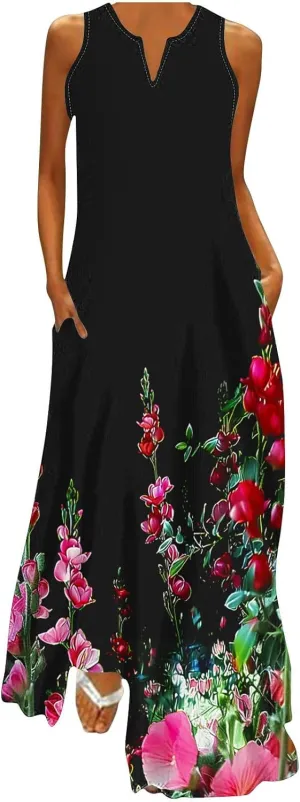 Summer Dresses for Women 2025 Sequined Floral Maxi Dresses Sleeveless V Neck Dress Trendy Beach Vacation Sundresses