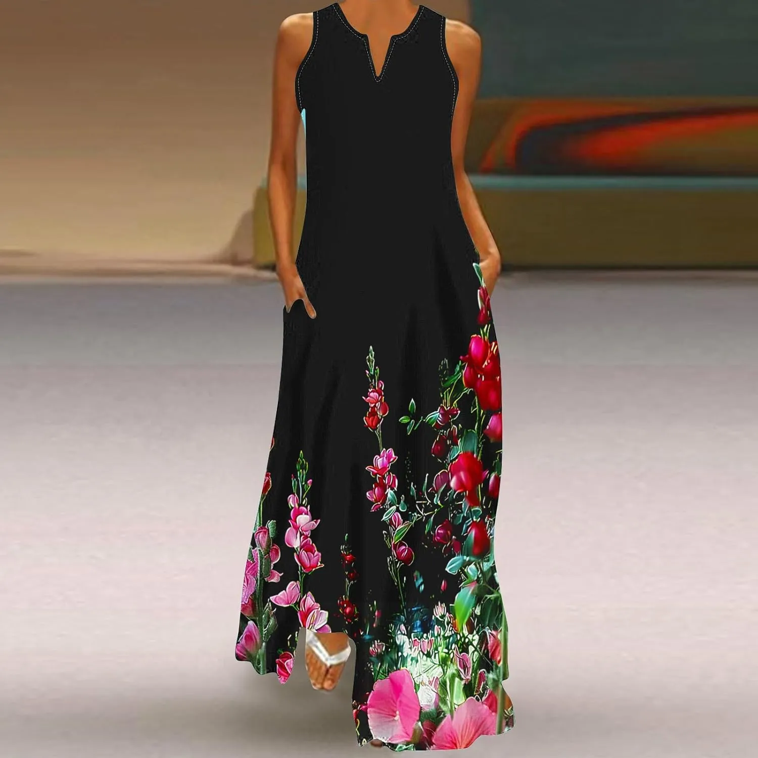 Summer Dresses for Women 2025 Sequined Floral Maxi Dresses Sleeveless V Neck Dress Trendy Beach Vacation Sundresses