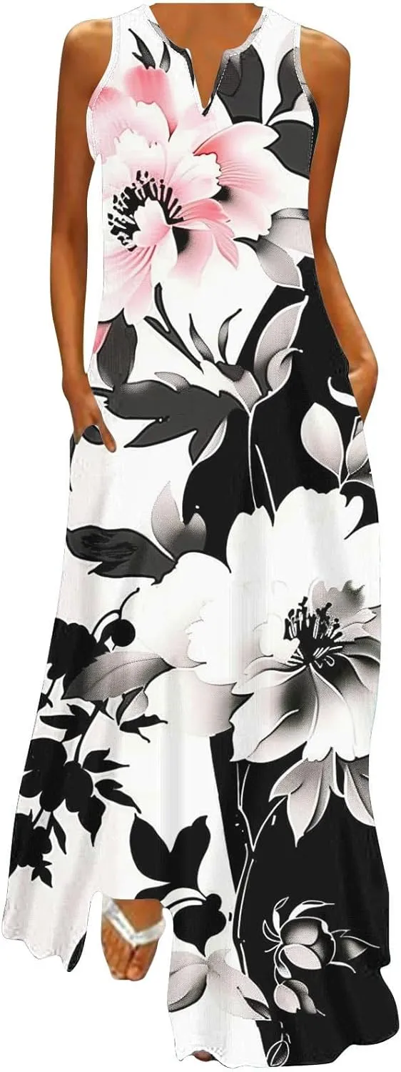 Summer Dresses for Women 2025 Sequined Floral Maxi Dresses Sleeveless V Neck Dress Trendy Beach Vacation Sundresses