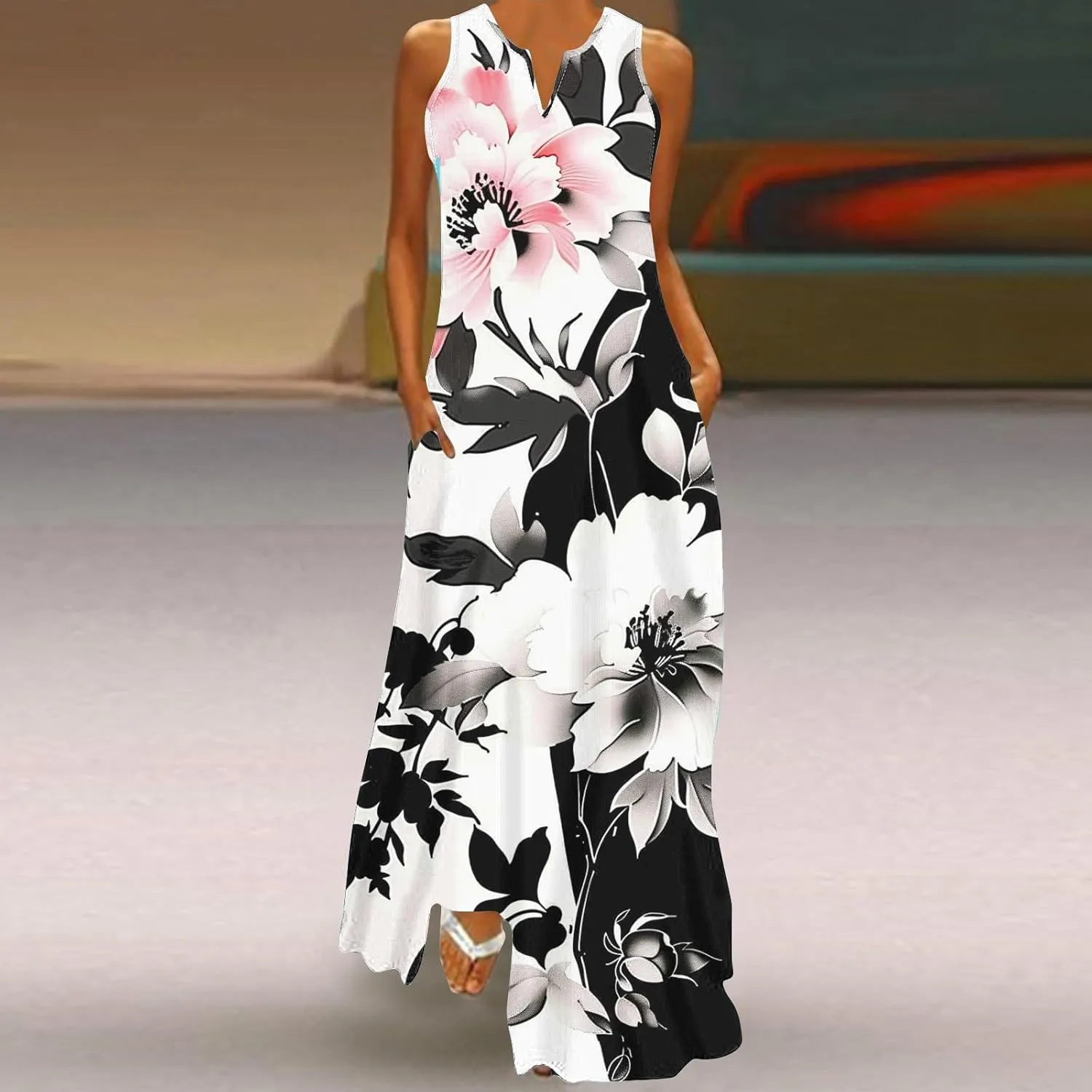 Summer Dresses for Women 2025 Sequined Floral Maxi Dresses Sleeveless V Neck Dress Trendy Beach Vacation Sundresses