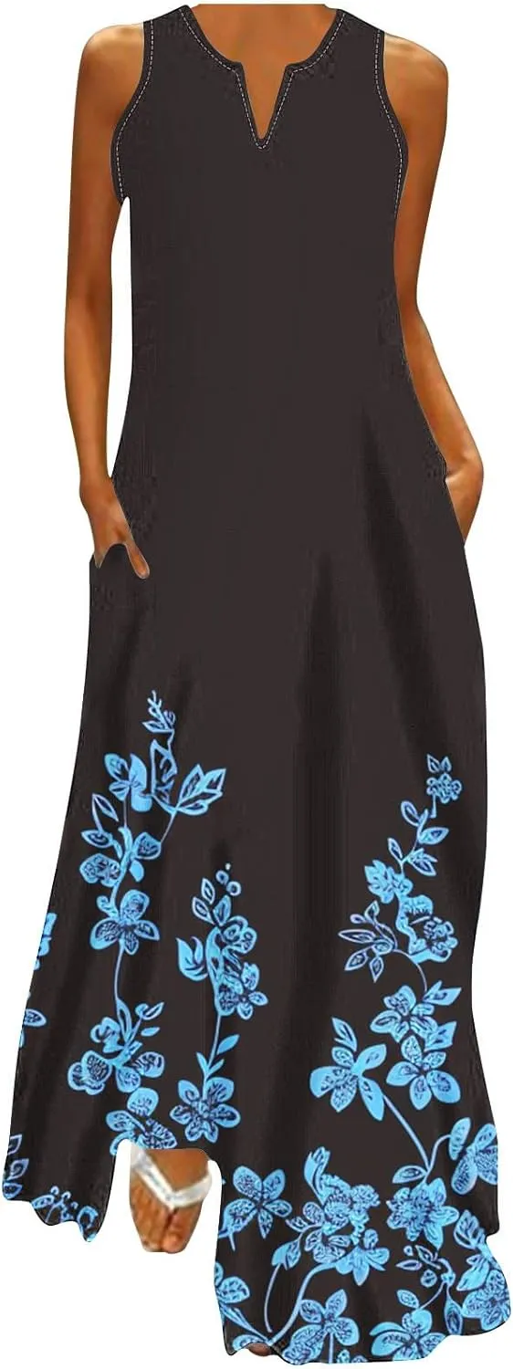Summer Dresses for Women 2025 Sequined Floral Maxi Dresses Sleeveless V Neck Dress Trendy Beach Vacation Sundresses