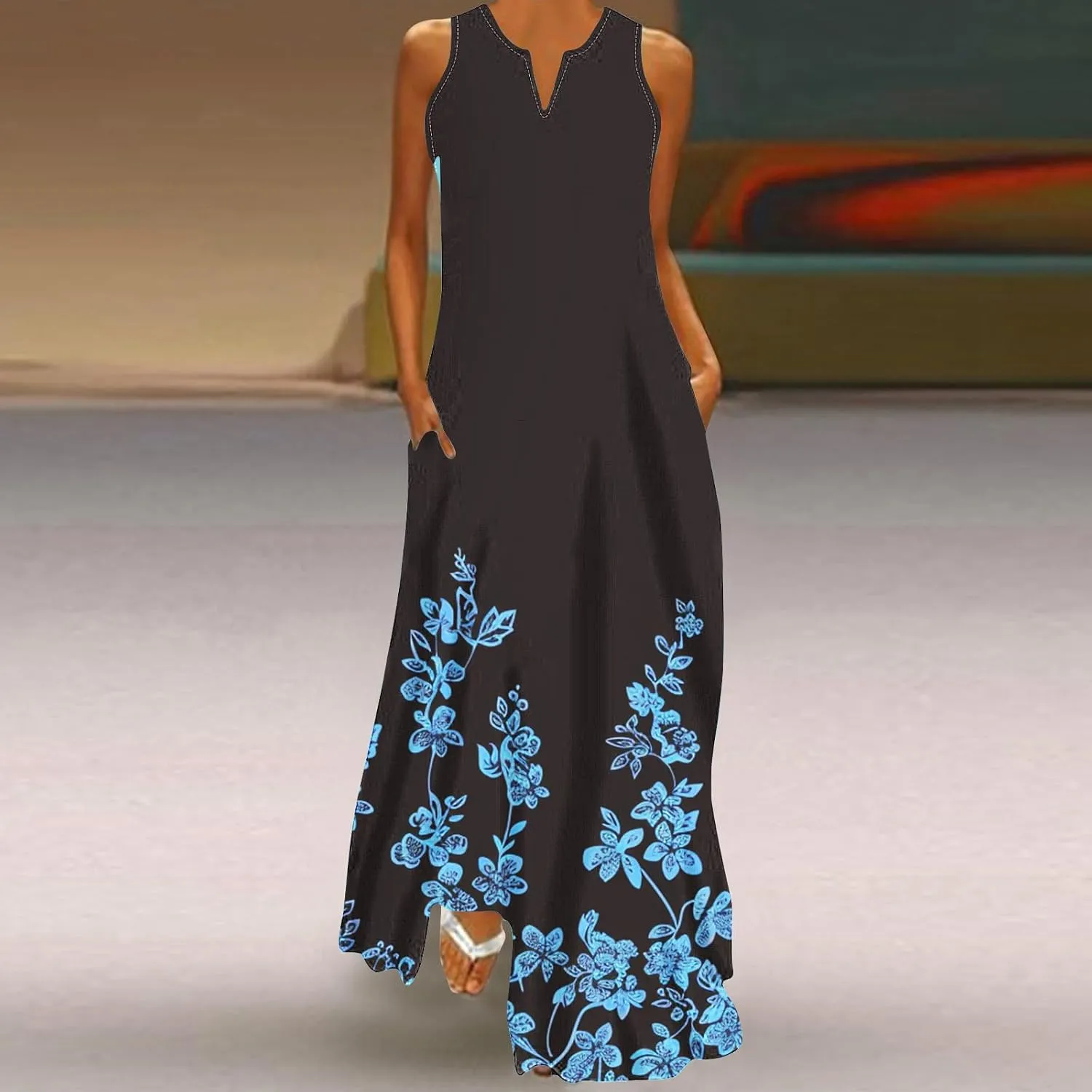 Summer Dresses for Women 2025 Sequined Floral Maxi Dresses Sleeveless V Neck Dress Trendy Beach Vacation Sundresses