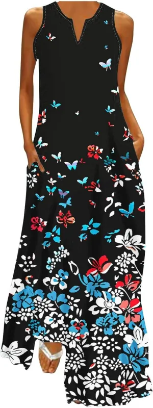 Summer Dresses for Women 2025 Sequined Floral Maxi Dresses Sleeveless V Neck Dress Trendy Beach Vacation Sundresses
