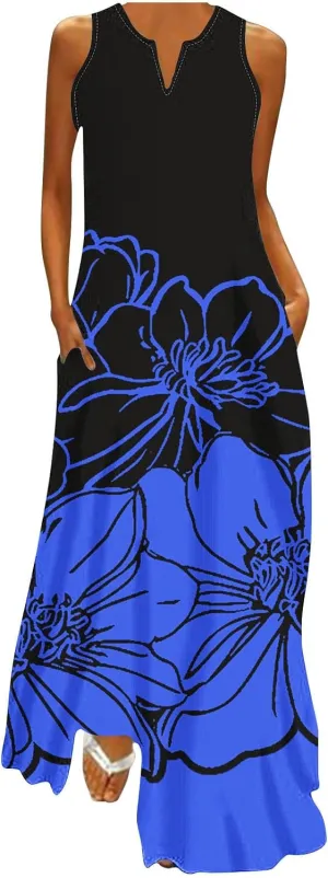 Summer Dresses for Women 2025 Sequined Floral Maxi Dresses Sleeveless V Neck Dress Trendy Beach Vacation Sundresses