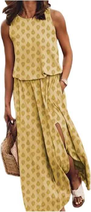 Summer Dresses for Women 2025 Sleeveless Crewneck Maxi Dress Ruffle Casual Dresses Beach Vacation Party Sundress