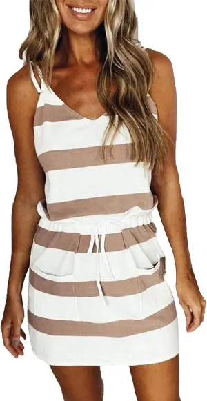 Summer Dresses for Women 2025 Sleeveless Spaghetti Strap V Neck Drawstring Waist Mini Dress Sundress with Pocket