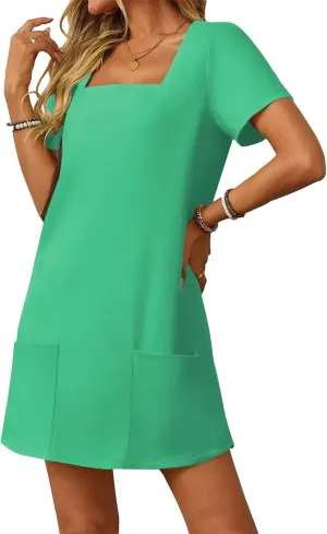 Summer Dresses for Women 2025 Square Neck Short Sleeve Loose Mini Dress with Pocket Fashion Trendy Dressy Dresses