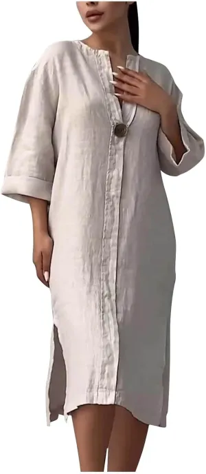 Summer Dresses for Women 2025 Trendy Short Sleeve V Neck Cotton Linen Dress Loose Flowy Slit Beach Sundress