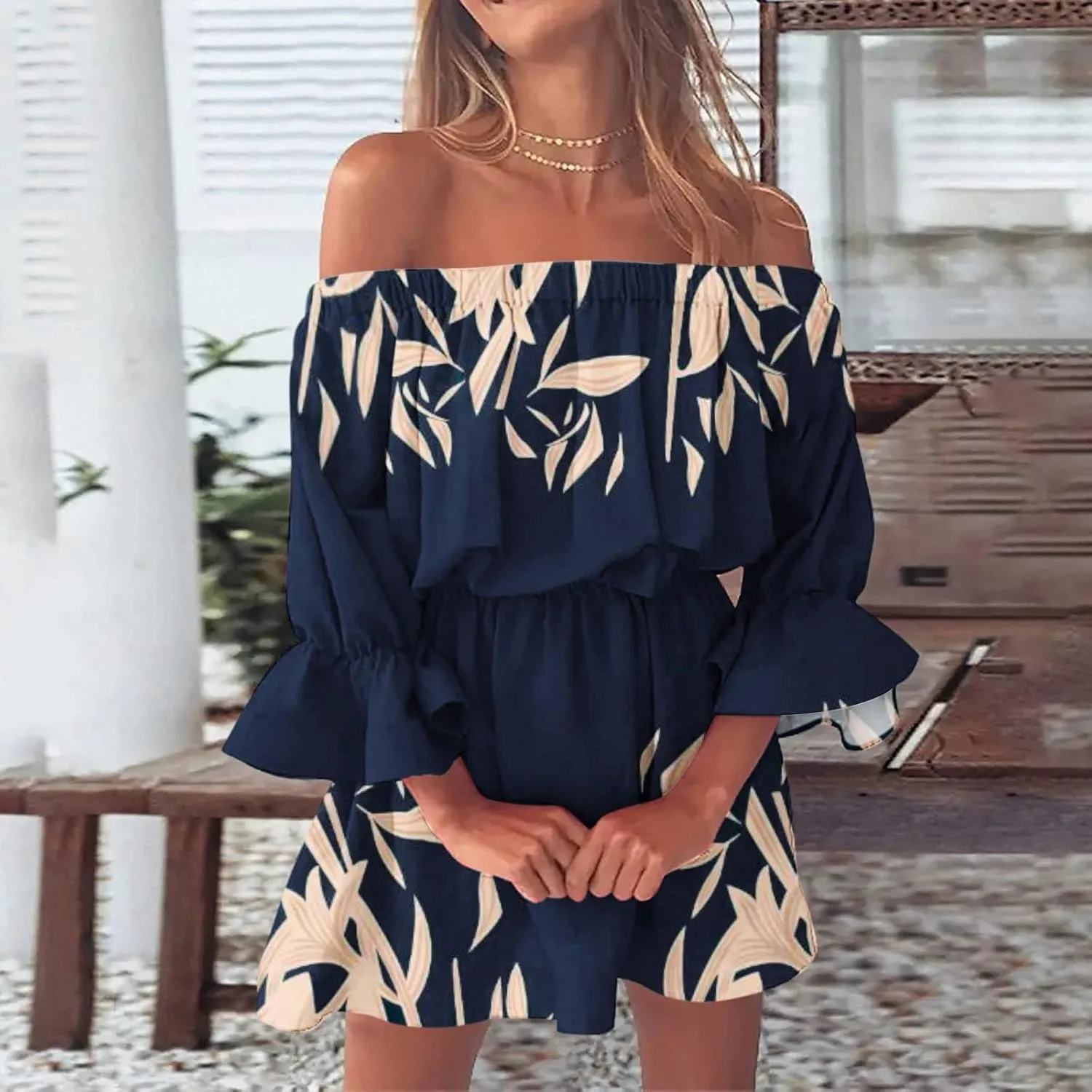 Summer Dresses for Women Boho Beach Sexy Off Shoulder Tunic Sundresses Casual Loose Fit Sleeve Mini Floral Dress