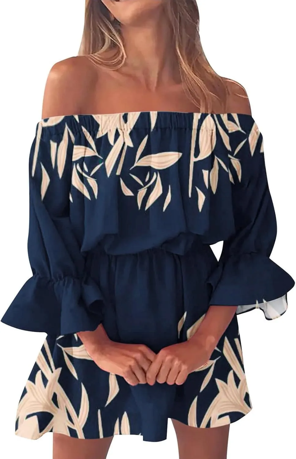 Summer Dresses for Women Boho Beach Sexy Off Shoulder Tunic Sundresses Casual Loose Fit Sleeve Mini Floral Dress