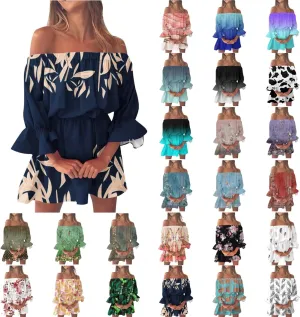 Summer Dresses for Women Boho Beach Sexy Off Shoulder Tunic Sundresses Casual Loose Fit Sleeve Mini Floral Dress
