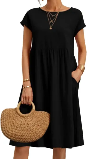 Summer Dresses for Women Cotton Linen Short Sleeve Crewneck Ruffle Waist Midi Dress A Line Loose Fit Sundress 2025