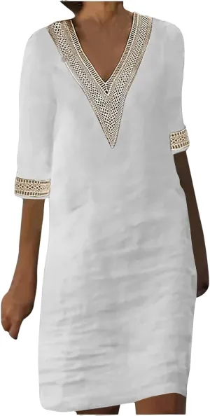 Summer Dresses for Women Cotton Linen V Neck Short Sleeve Casual Embroidered Dress Beach Vacation T Shirt Shift Dress