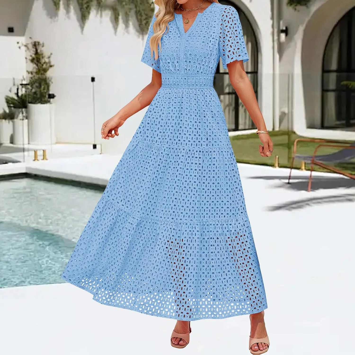Summer Dresses for Women Hollow V Neck Short Sleeve Maxi Dresses High Waist Loose Fit Casual Ruffle Sundress 2025