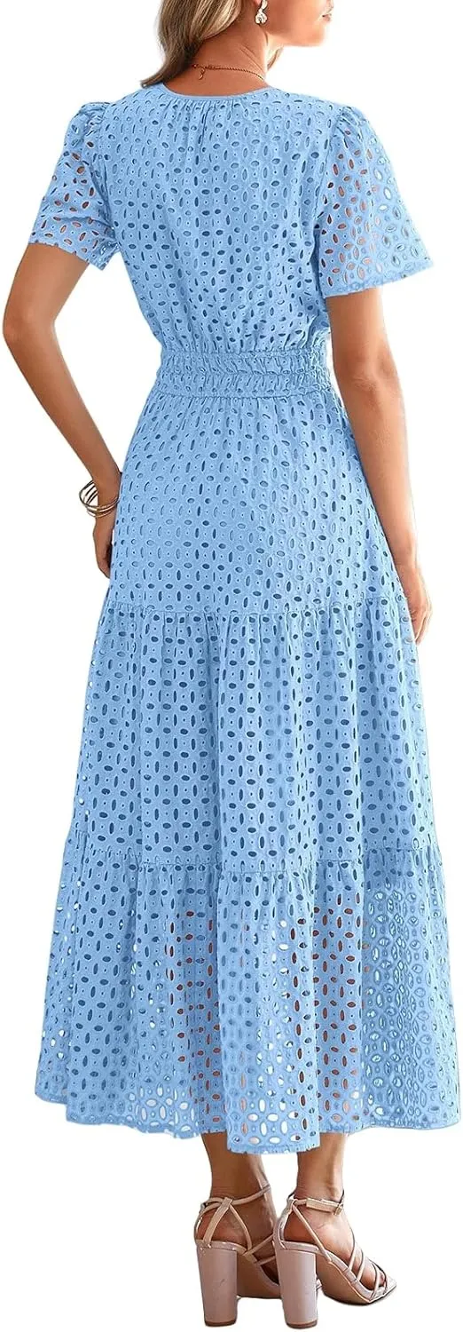 Summer Dresses for Women Hollow V Neck Short Sleeve Maxi Dresses High Waist Loose Fit Casual Ruffle Sundress 2025