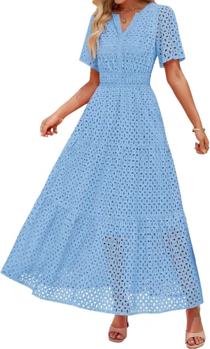 Summer Dresses for Women Hollow V Neck Short Sleeve Maxi Dresses High Waist Loose Fit Casual Ruffle Sundress 2025