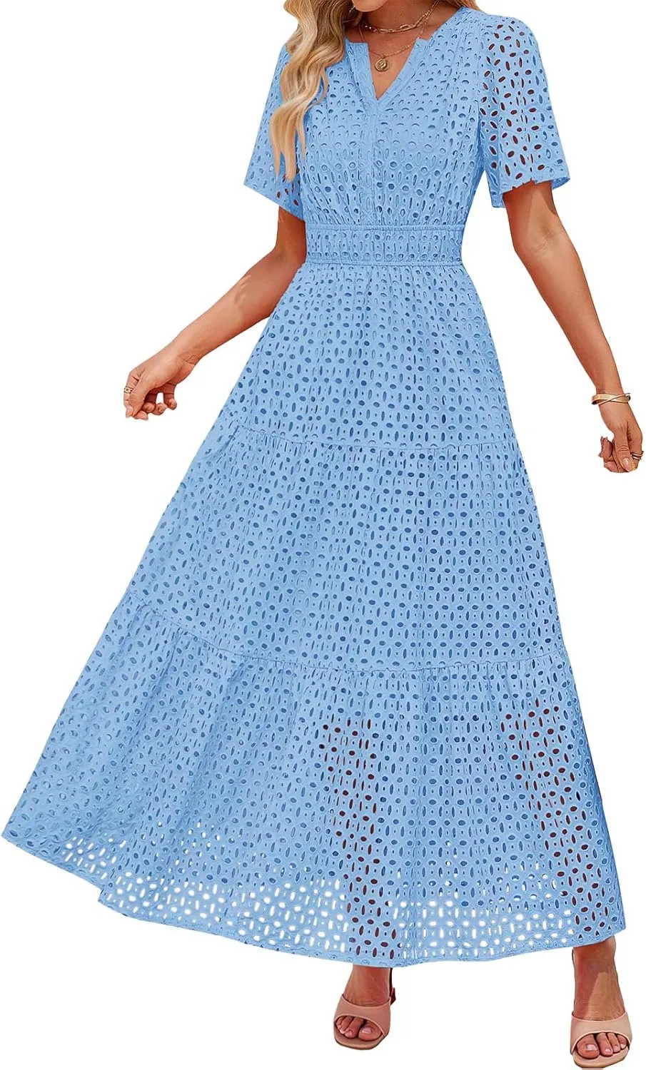 Summer Dresses for Women Hollow V Neck Short Sleeve Maxi Dresses High Waist Loose Fit Casual Ruffle Sundress 2025