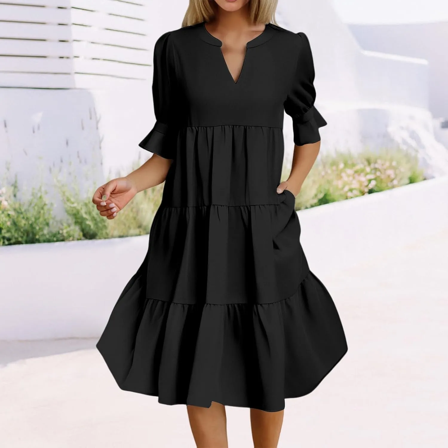 Summer Dresses for Women Ruffle Short Sleeve V Neck A Line Maxi Dress Tiered Flowy Loose Solid Vacation Beach Dress