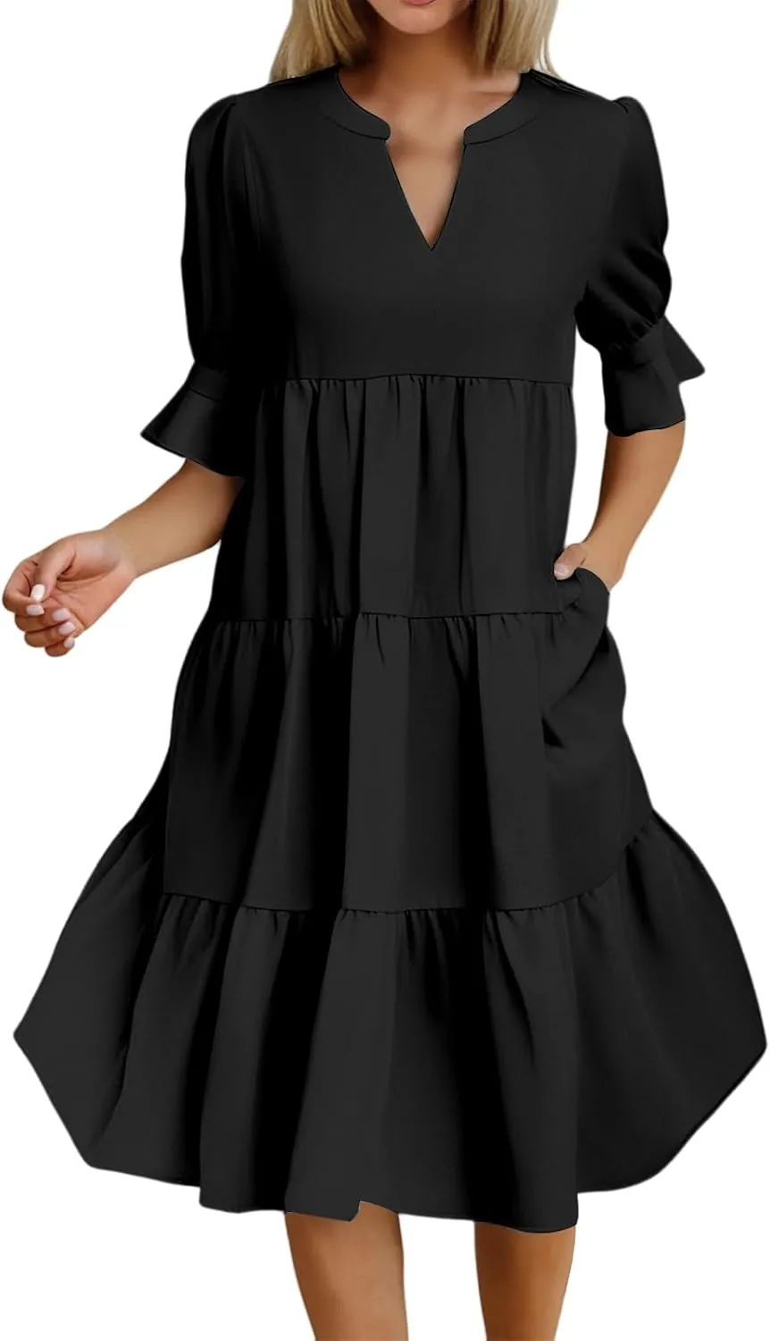 Summer Dresses for Women Ruffle Short Sleeve V Neck A Line Maxi Dress Tiered Flowy Loose Solid Vacation Beach Dress