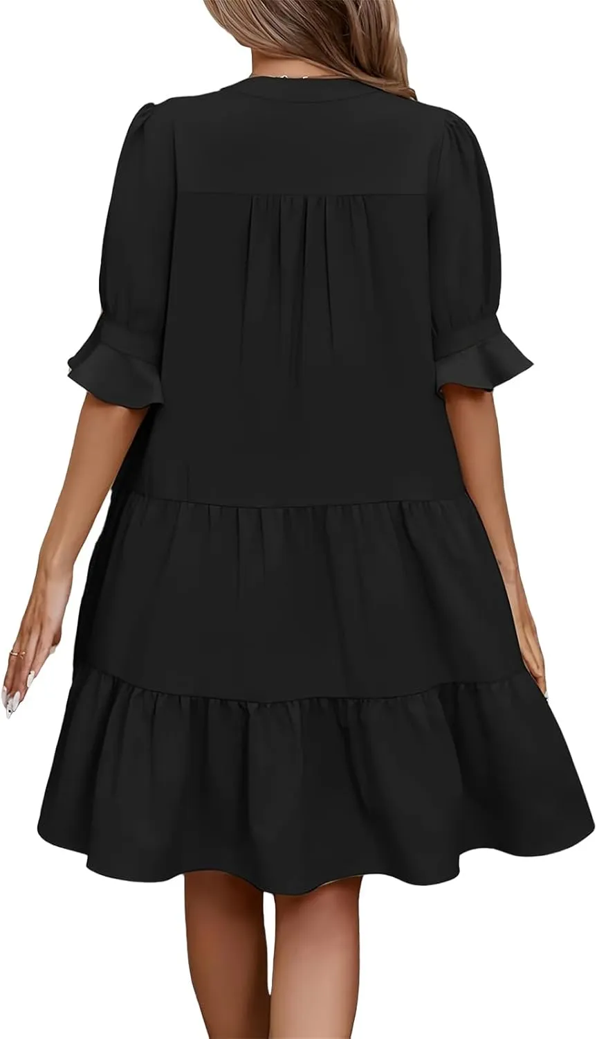 Summer Dresses for Women Ruffle Short Sleeve V Neck A Line Maxi Dress Tiered Flowy Loose Solid Vacation Beach Dress