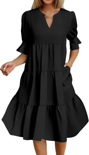 Summer Dresses for Women Ruffle Short Sleeve V Neck A Line Maxi Dress Tiered Flowy Loose Solid Vacation Beach Dress