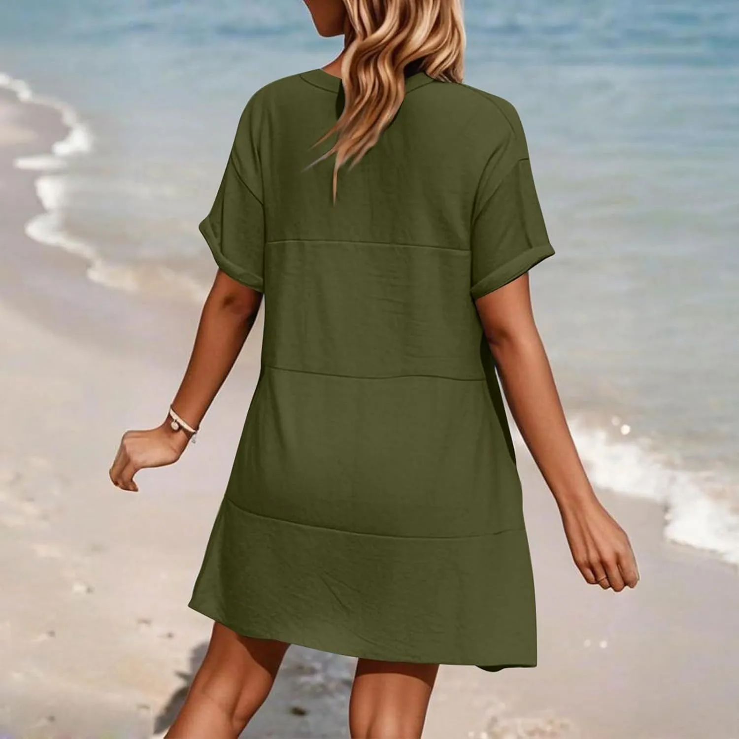Summer Dresses for Women Short Sleeve Sundresses Vacation V Neck Knee Length Beach Casual Resort Dress