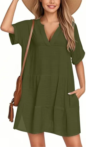 Summer Dresses for Women Short Sleeve Sundresses Vacation V Neck Knee Length Beach Casual Resort Dress
