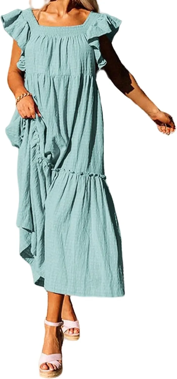 Summer Dresses for Women Square Neck Ruffle Sleeve Maxi Dress Ruffle Floral Fairy Tiered Swing Dresses Sundress 2025