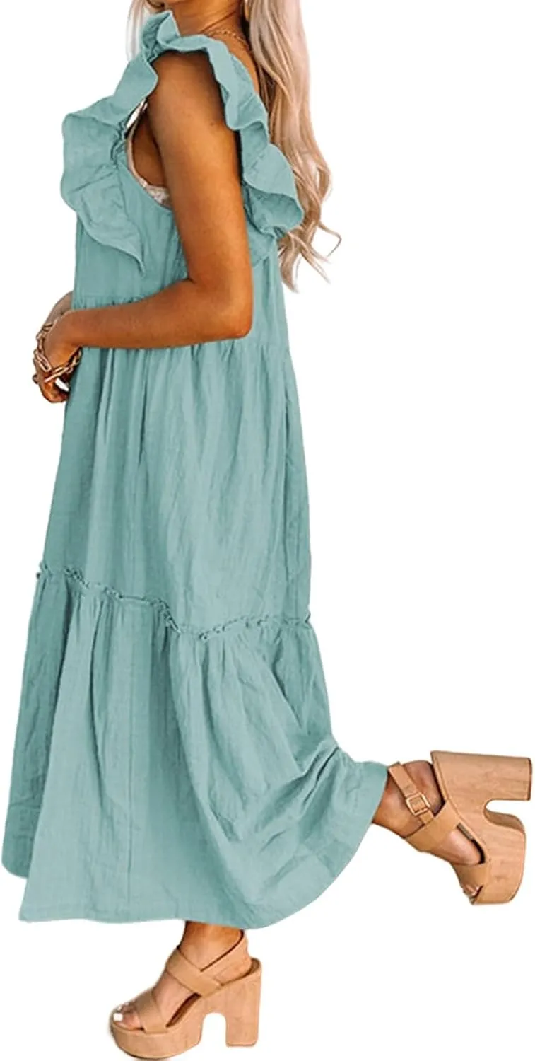 Summer Dresses for Women Square Neck Ruffle Sleeve Maxi Dress Ruffle Floral Fairy Tiered Swing Dresses Sundress 2025
