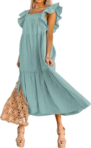 Summer Dresses for Women Square Neck Ruffle Sleeve Maxi Dress Ruffle Floral Fairy Tiered Swing Dresses Sundress 2025