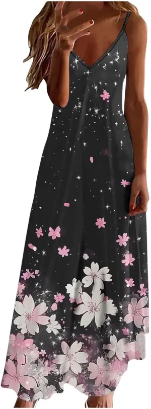 Summer Dresses for Women Vacation Casual Plus Size Maxi Beach Sun Dress Boho Flowy Long Suspender Sundress
