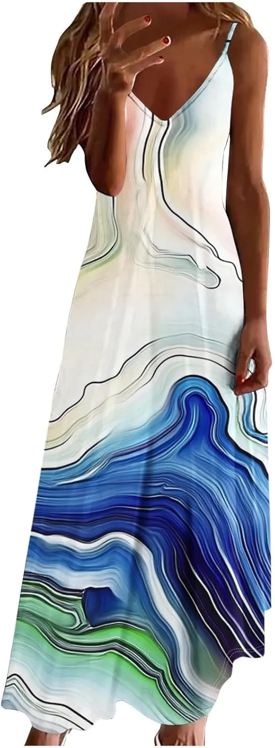 Summer Dresses for Women Vacation Casual Plus Size Maxi Beach Sun Dress Boho Flowy Long Suspender Sundress