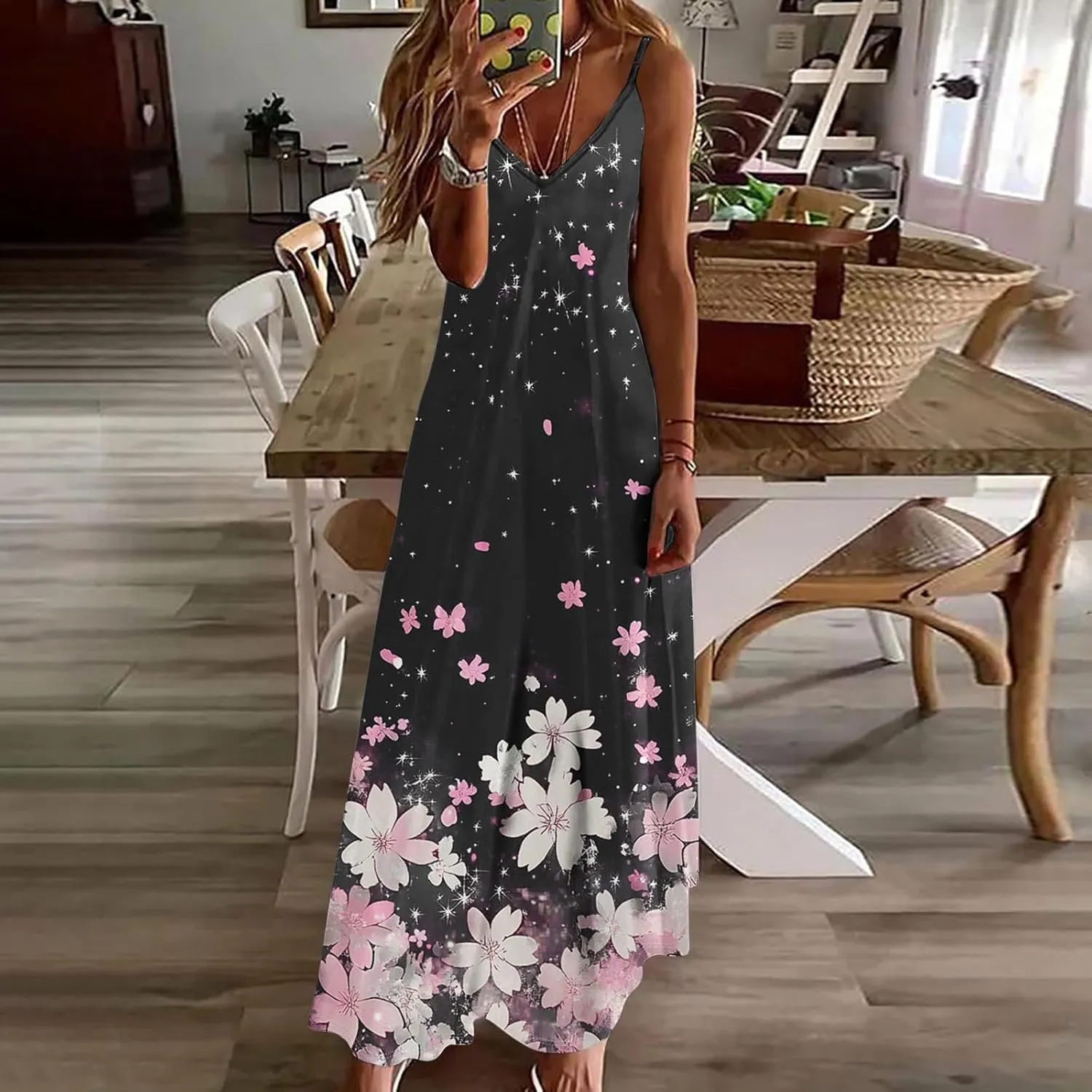 Summer Dresses for Women Vacation Casual Plus Size Maxi Beach Sun Dress Boho Flowy Long Suspender Sundress
