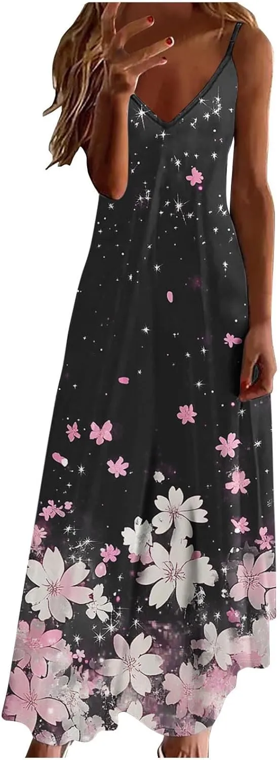 Summer Dresses for Women Vacation Casual Plus Size Maxi Beach Sun Dress Boho Flowy Long Suspender Sundress