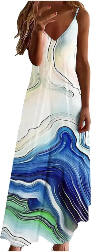Summer Dresses for Women Vacation Casual Plus Size Maxi Beach Sun Dress Boho Flowy Long Suspender Sundress