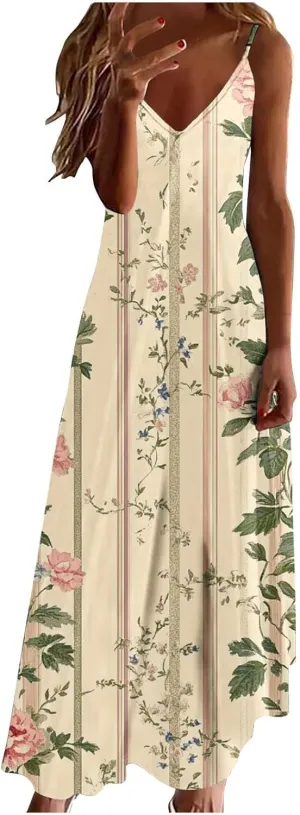Summer Dresses for Women Vacation Casual Plus Size Maxi Beach Sun Dress Boho Flowy Long Suspender Sundress