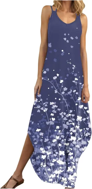 Summer Dresses for Women Vacation Casual Plus Size Maxi Sun Dress Flowy Beach Long Spaghetti Strap Sundress
