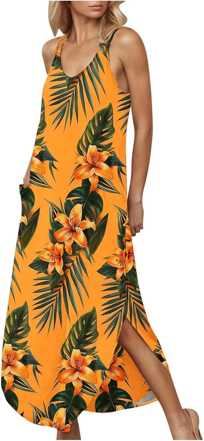 Summer Dresses for Women Vacation Casual Plus Size Maxi Sun Dress Flowy Beach Long Spaghetti Strap Sundress