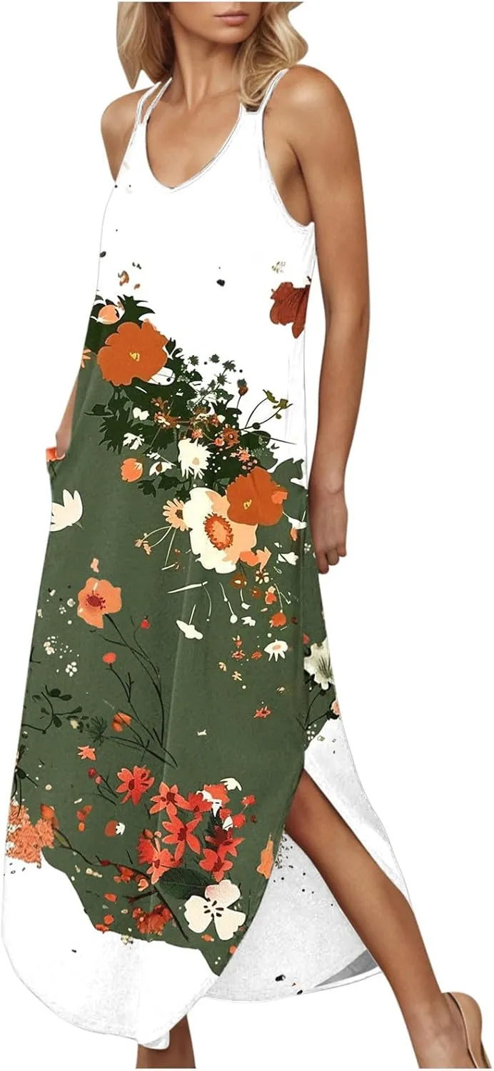 Summer Dresses for Women Vacation Casual Plus Size Maxi Sun Dress Flowy Beach Long Spaghetti Strap Sundress