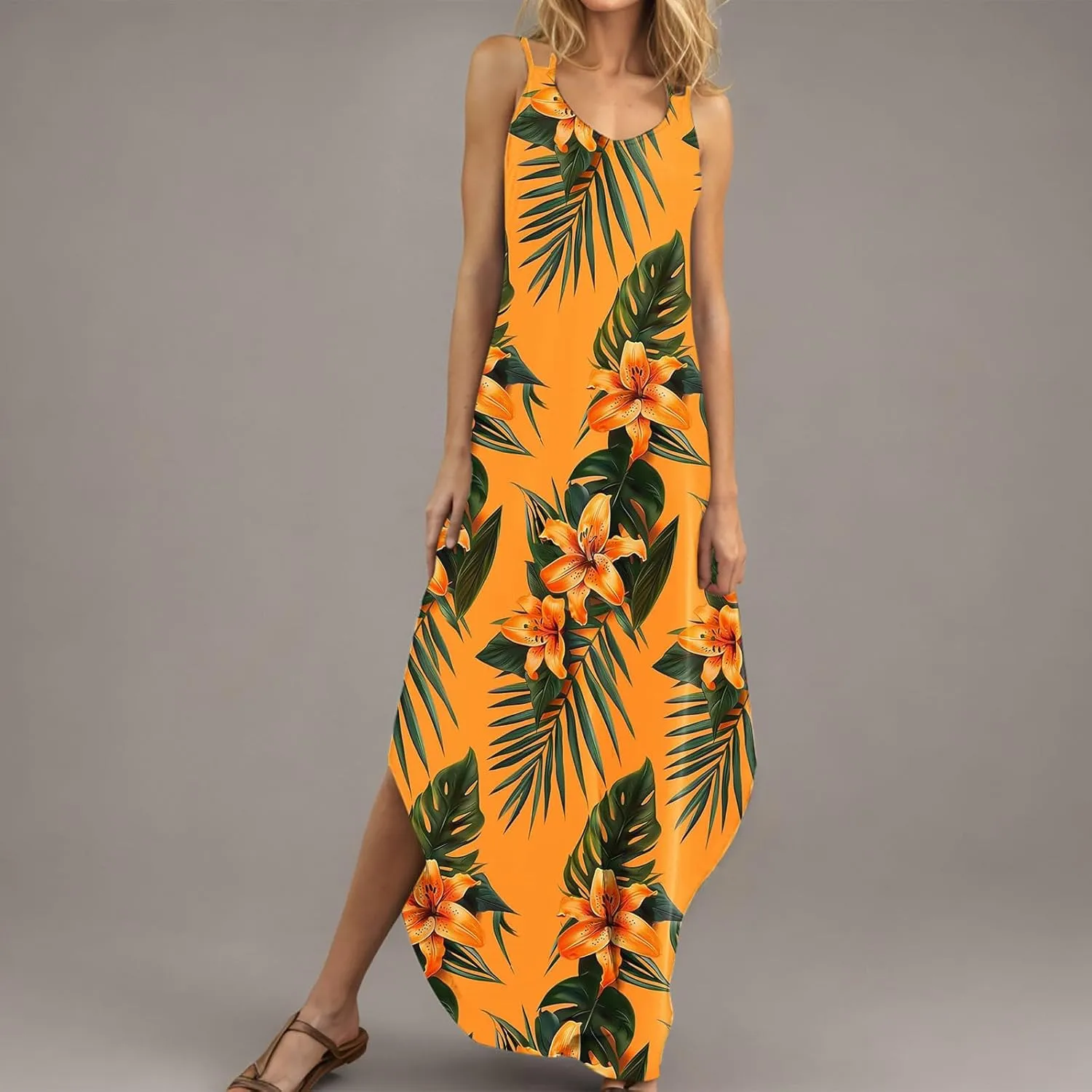 Summer Dresses for Women Vacation Casual Plus Size Maxi Sun Dress Flowy Beach Long Spaghetti Strap Sundress
