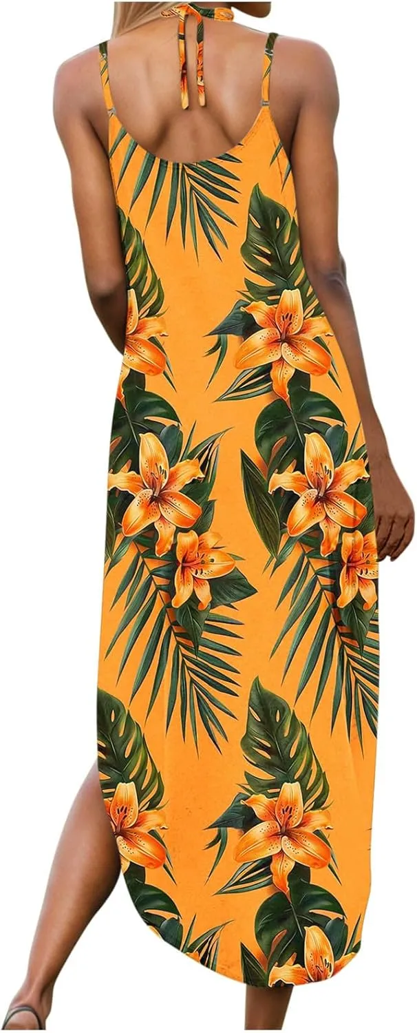 Summer Dresses for Women Vacation Casual Plus Size Maxi Sun Dress Flowy Beach Long Spaghetti Strap Sundress