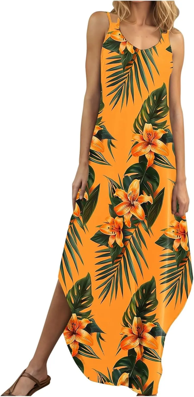 Summer Dresses for Women Vacation Casual Plus Size Maxi Sun Dress Flowy Beach Long Spaghetti Strap Sundress