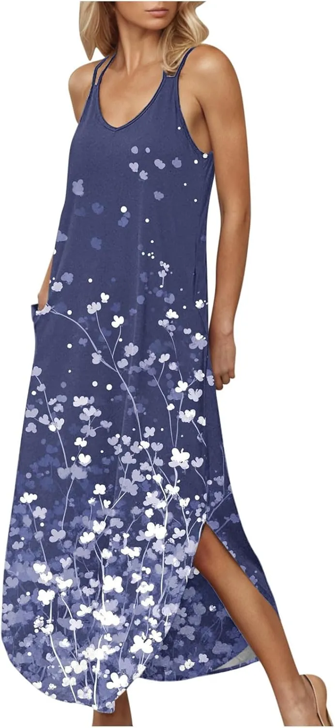Summer Dresses for Women Vacation Casual Plus Size Maxi Sun Dress Flowy Beach Long Spaghetti Strap Sundress