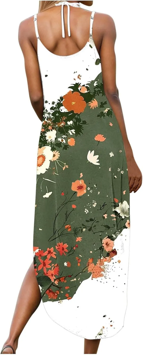 Summer Dresses for Women Vacation Casual Plus Size Maxi Sun Dress Flowy Beach Long Spaghetti Strap Sundress