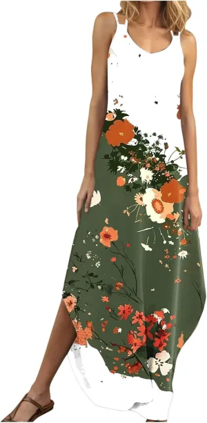 Summer Dresses for Women Vacation Casual Plus Size Maxi Sun Dress Flowy Beach Long Spaghetti Strap Sundress