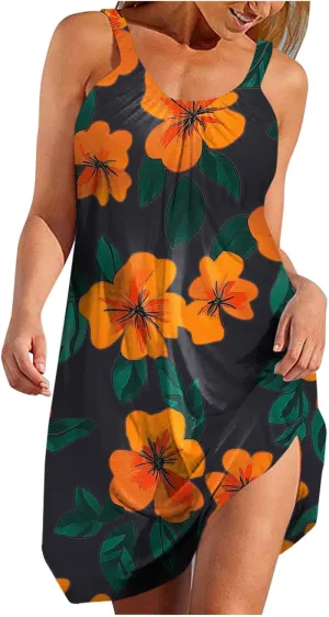 Summer Fashion Print Beach Short Dress for Women, Sleeveless Strappy Sundress Comfy Breathable Trendy Clothes
