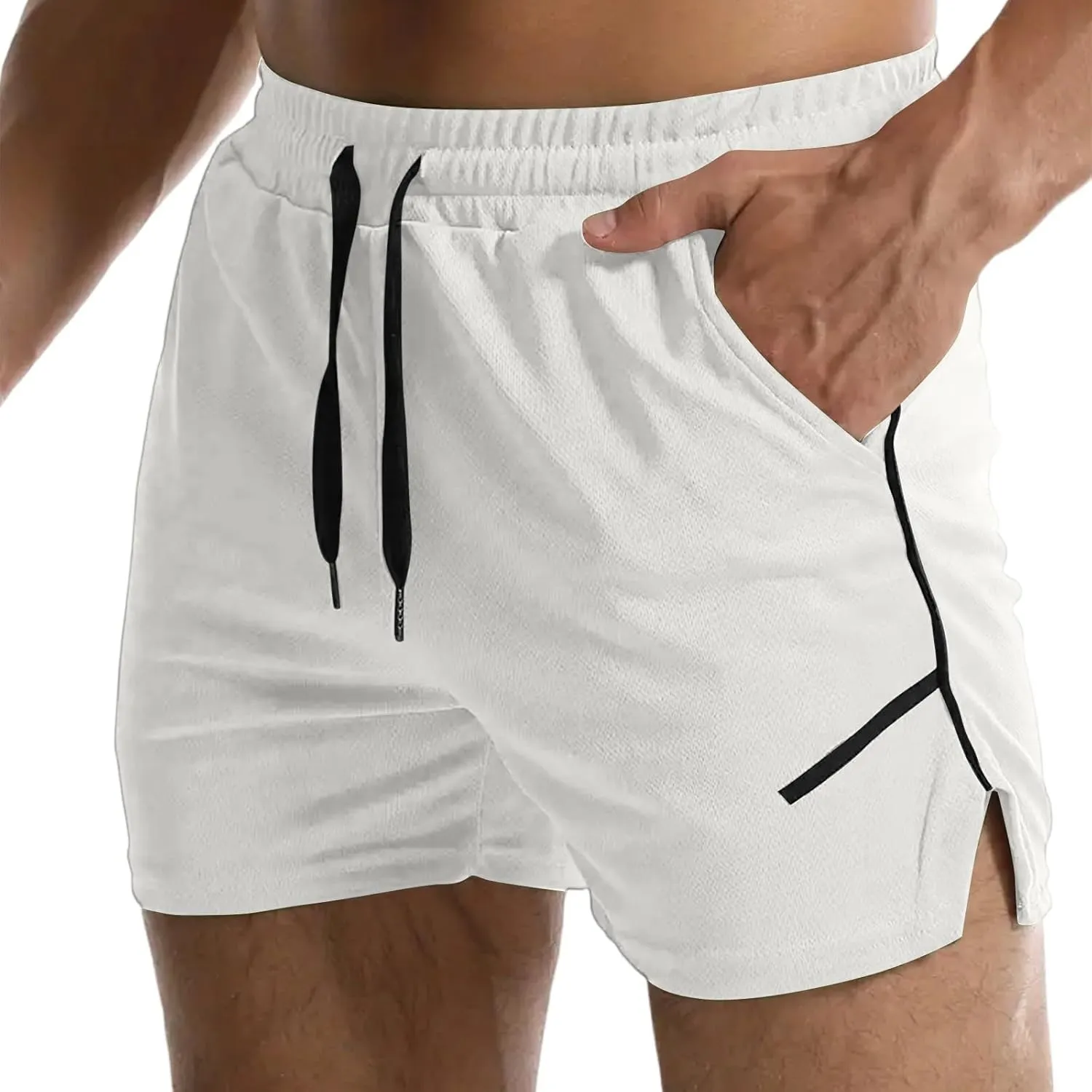 Summer Gym Shorts Men Stretchy Quick-Dry Breathable Athletic Shorts Comfy Mesh Side Slit Running Pants with Pockets