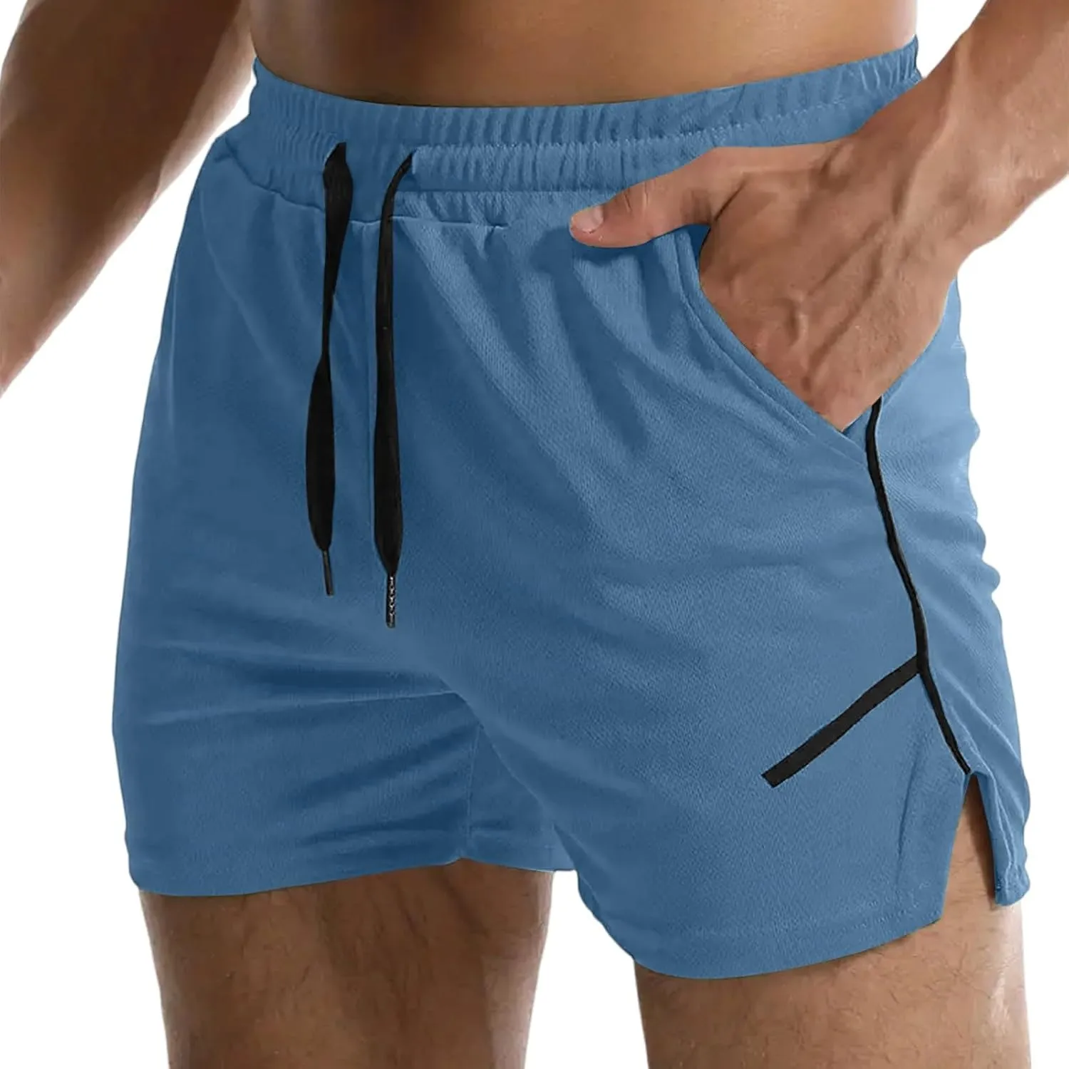 Summer Gym Shorts Men Stretchy Quick-Dry Breathable Athletic Shorts Comfy Mesh Side Slit Running Pants with Pockets