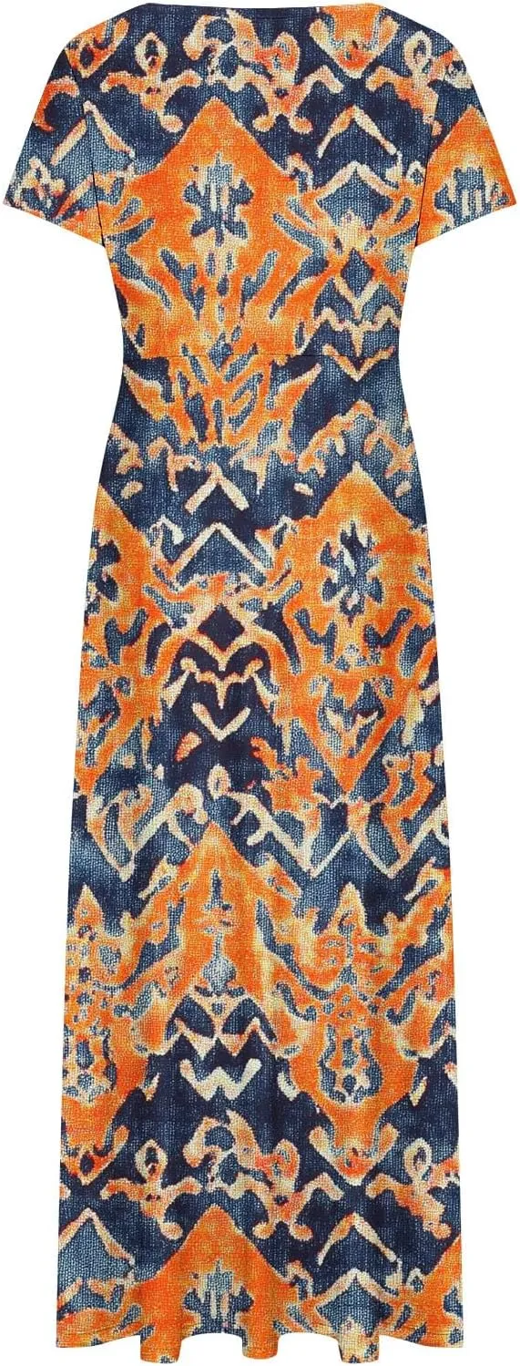 Summer Long Dresses for Women Floral Flowy A-Line Maxi Dress Casual Short Sleeve Hawaiian Boho Beach Sundress